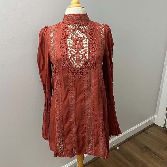 Free People Dresses & Skirts - Free People FP One Vienna Mini Dress Lace Boho Long Sleeve Ruffle XS